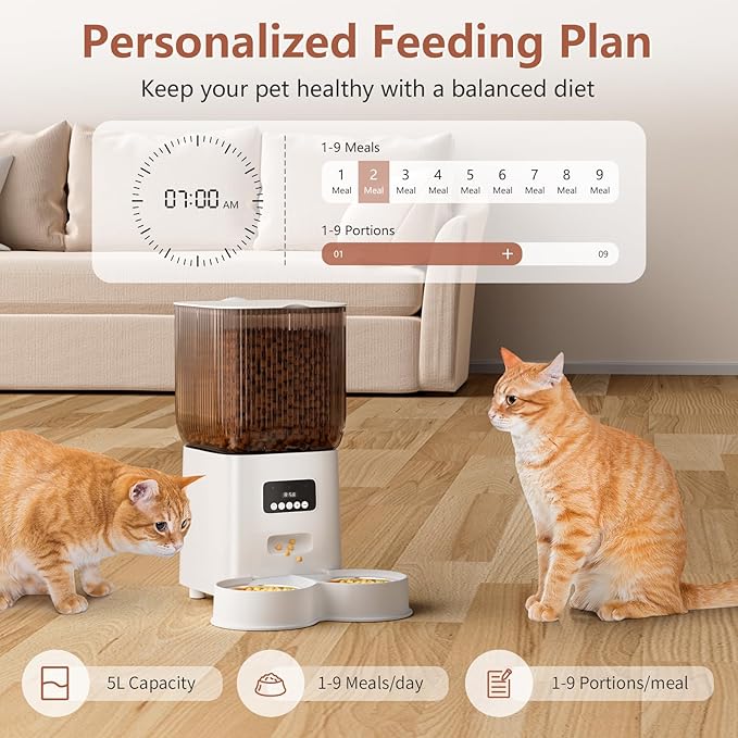 Automatic Cat Feeder, 5L Timed Cat Food Dispenser with Dual Power Supply, Pet Feeder up to 9 Meals per Day for 2 Cats, Automatic Pet Feeder for Small Dogs and Cats Indoor(Botton)
