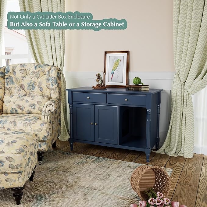 Pet Litter Box Enclosure, Hidden Litter Box Furniture with Storage Shelf, Indoor Cat House with 2 Drawers, Wooden Cat Washroom Modern Console, Pet Storage Cabinet, Fit Most of Litter Box