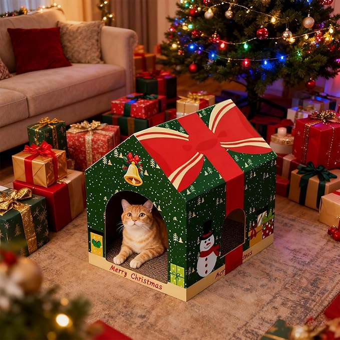 Christmas Cardboard Cat House with Scratching Pad (15"x12"x15") Christmas Decorations Scratching Pad for Kitty Cat Play House for Indoor Cats Christmas Red