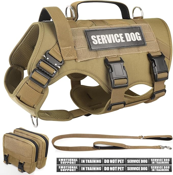WINSEE Tactical Dog Harness with Dog Leash, Service Working MOLLE Vest with 10 Pet Patches for Large Dog, No Pull Military Harness and Backpack for Training Hunting Walking