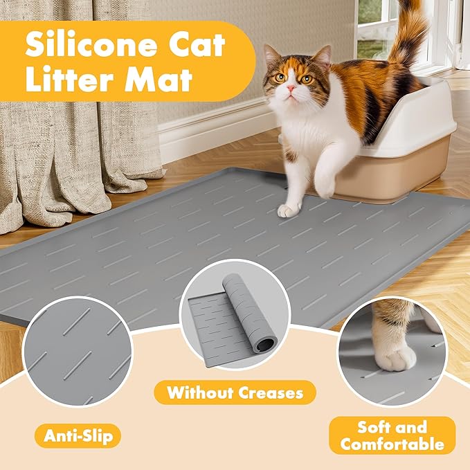 Pieviev Silicone Cat Litter Trapping Mat, 34''x22'' Large Cat Litter Mat, Easy to Clean & Soft on Kitty Paws, Waterproof Kitty Litter Pads for Indoor Cats, Light Grey