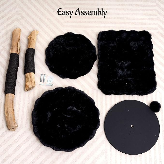 Natural Wood Cat Tree for Indoor Cats Adults, 33in Modern Cat Tree Tower with Super Soft Plush Cat Bed & Perch, Sisal Scratching Posts and Hanging Plush Ball, Sheen Black