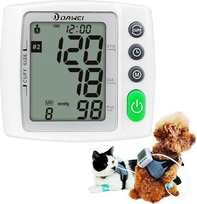 Wearable Digital Veterinary Blood Pressure Monitor for Cats & Dogs, 3 Cuff Sizes (4.2–15cm) Adjustable Range, Automatic BP & Heart Rate Measurement, Dual-User 120 Memory