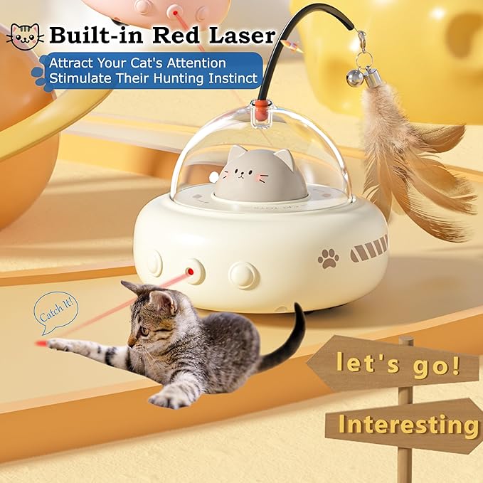 hooroor 2-in-1 UFO Laser Cat Toy with Feather, Automatic Motion Smart Sensor Interactive Toy for Indoor Cats & Small Dogs, Rechargeable 360° Obstacle-Avoidance Exercise Toy, Fun Self-Play Pet Gift