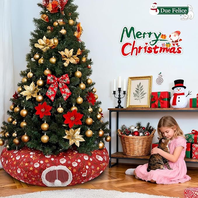Cat Tunnel Christmas Tree Skirt Cat Tunnel Bed for Indoor Cats Play Donut Tunnel Toys S Shape for Rabbit Ferret (Red)