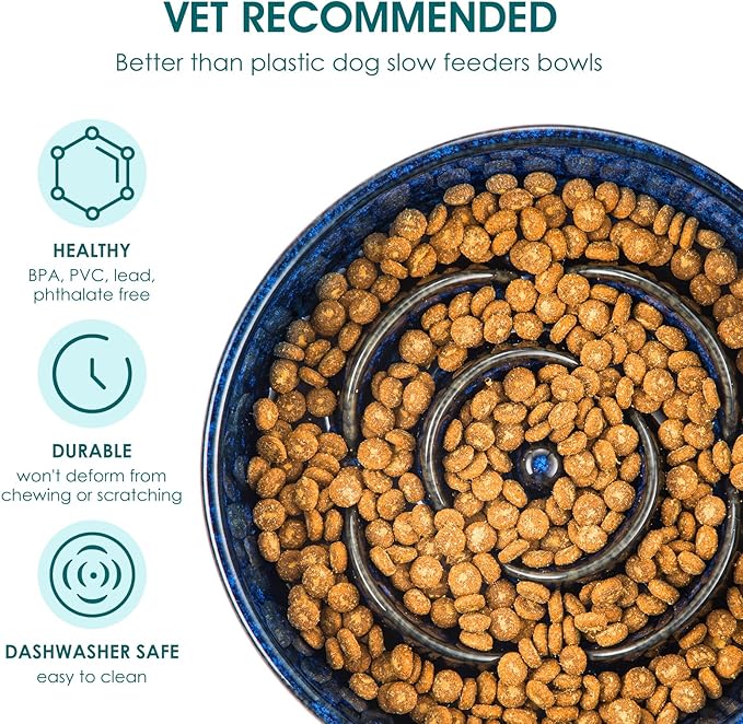 vancasso Slow Feeder Dog Bowl, 3 Cups Ceramic Slow Feeder for Large Breed, Puzzle Maze Dog Food Bowl for Fast Eater, Blue