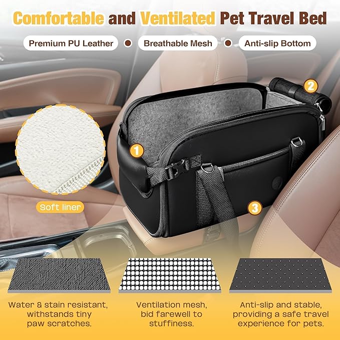 YUDODO Center Console Dog Car Seat, Anti-Slip Pet Cat Booster Seat for Small Dogs, Portable Puppy Bed Carseat Carrier PU Leather Black