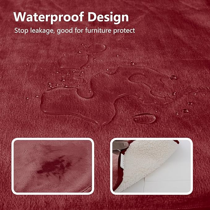 Waterproof Dog Blankets for Small Dogs, Washable Pet Blanket for Indoor Cats, Plush Sherpa Puppy Throw Furniture Protector for Bed Couch Sofa(25"x35",S,Burgundy Red)