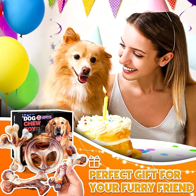 4-Pack Dog Chew Toys for Aggressive Chewers, Indestructible Nylon Bones with Bacon Flavor, Tough Durable Teeth Cleaning Chew Dog Toy for Large Medium Small Breeds