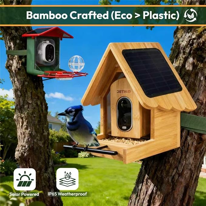 Bamboo Bird Feeder with Camera, 2K HD, Auto AI Identify 2800+ Birds, Solar-Powered, Night Vision, Real-Time Alerts, Family/Friend Sharing, Gift for Nature Lovers
