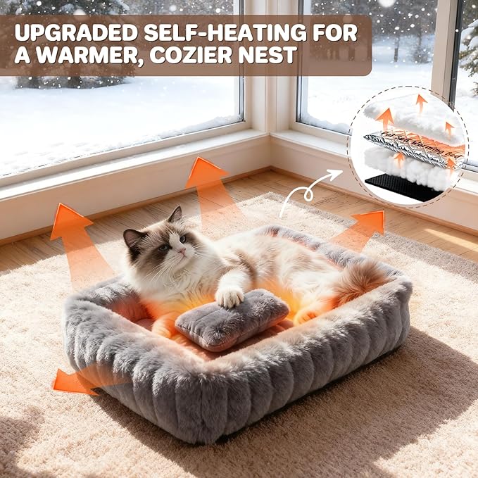 Cat Beds for Indoor Cats, Square Self Warming Cat Bed Orthopedic Pet Bed with Pillow Super Soft Rabbit Fur Small Dog Beds, Calming Plush Kitten Bed with Removable Washable Cover & Anti-Slip Bottom