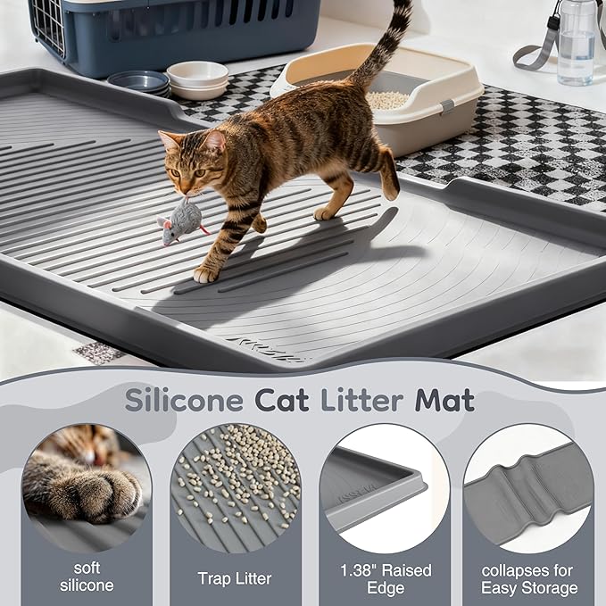 ISSEVE Cat Litter Mat 54" x 27.5" XXL, Extra Large Silicone Mat for Litter Box, 1.38" Raised Edge Urine Proof Litter Trapping Mat Pad for Scatter Control, Soft on Kitty Paws, Protect Floor (Dark Grey)