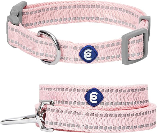 Blueberry Pet Essentials Matching Dog Collar & Leash Set | Pastel Reflective Adjustable Collar with 4 ft Lead for Large Dogs, Baby Pink