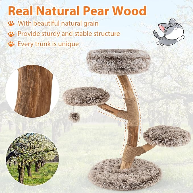 Tangkula Solid Wood Cat Tree, Multi-Level Modern Cat Tower with Scratching Posts, Cozy Top Perch, 2 Platforms, Dangling Ball, Soft Long Plush, Natural Branch Cute Cat Tree for Indoor Kittens