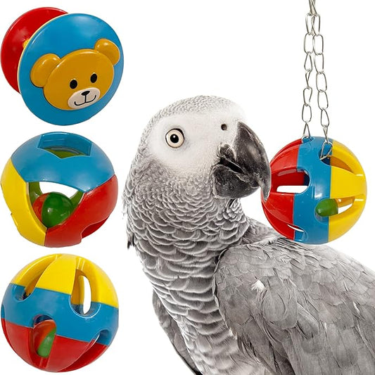 SIMENA Parrot Ball Toy with Bell, Cage Hanging Accessories for Medium to Large Birds, Interactive Toys for Birds, Cat Ball Toy(Set of 3)