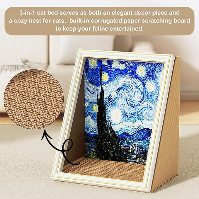 Oil Painting Cat Nest Double-Sided Oil Painting Cat House with Scratcher Vintage Art Picture Frame Cardboard House Easy-to-Assemble Bed Couch Cave Condo