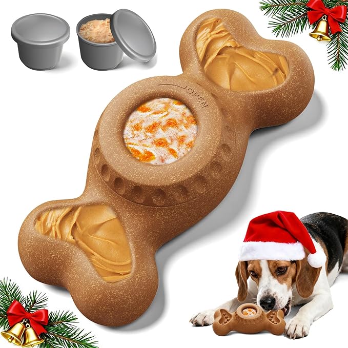 3-in-1 Enrichment Dog Toy for Aggressive Chewers, Frozen Treat Toy & Interactive Treat Dispenser with Peanut Butter Grooves, Long Lasting Chew Toy for Large Dogs, Easy to Clean, Brown
