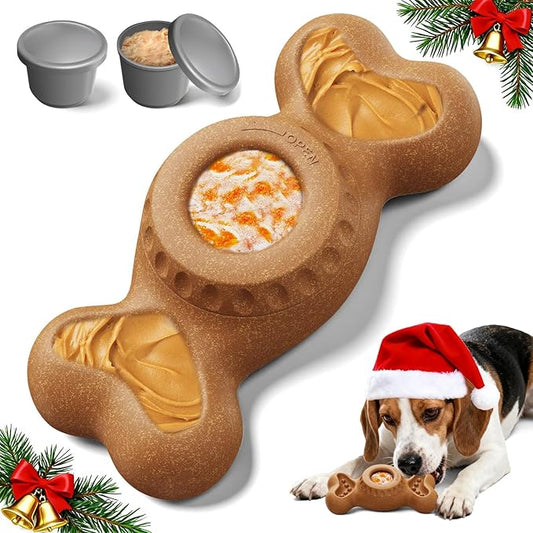 3-in-1 Enrichment Dog Toy for Aggressive Chewers, Frozen Treat Toy & Interactive Treat Dispenser with Peanut Butter Grooves, Long Lasting Chew Toy for Large Dogs, Easy to Clean, Brown