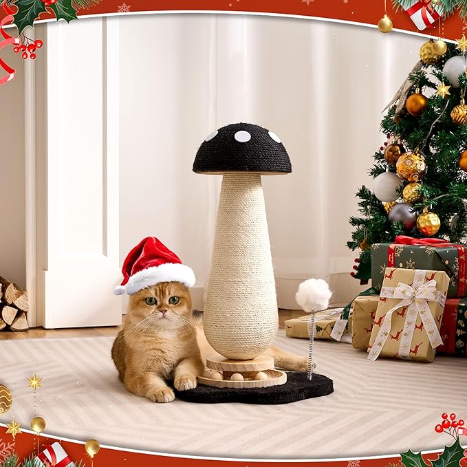 Mushroom Cat Scratching Post Cat Tree, 21.5‘’ H Cute Cat Scratcher Tower with Durable Solid Wood Turntable Toy, Solid Black Mushroom Scratch Post Cat Sisal Scratcher with Catnip for Indoor Cats