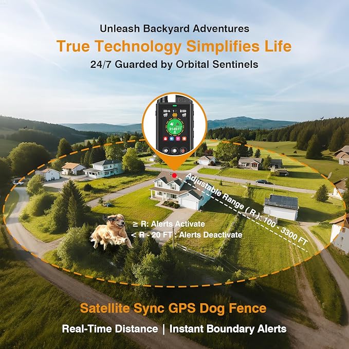 Satellite Sync GPS Wireless Dog Fence System, No Subscription & No App, 3 - in -1 Off-Grid Real-Time Pet Tracker & Electric Fence & Training Dog Collar - Works Wherever Satellites Reach