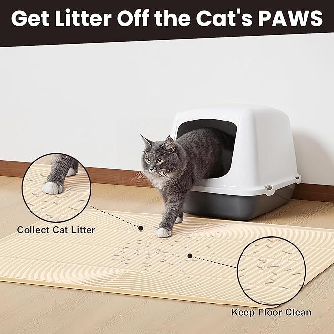 Cat Litter Mat, 40" x 28" Extra Large Silicone Litter Box Mat for Floor, Pet Trapping Litter Rug Pad, Soft Cat Paws, Easy to Clean, Waterproof/Urine-Proof, Garbage Recyclable (Khaki)