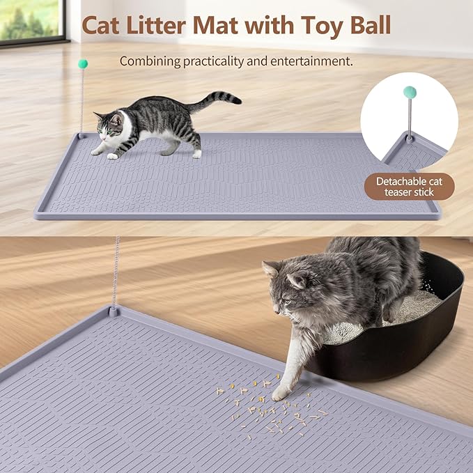 Large Cat Litter Mat with Toy Ball, 34'' x 22'' Silicone Cat Litter Trapping Mat for Scatter Control, Soft on Kitty Paws, Easy to Clean (Light Grey)