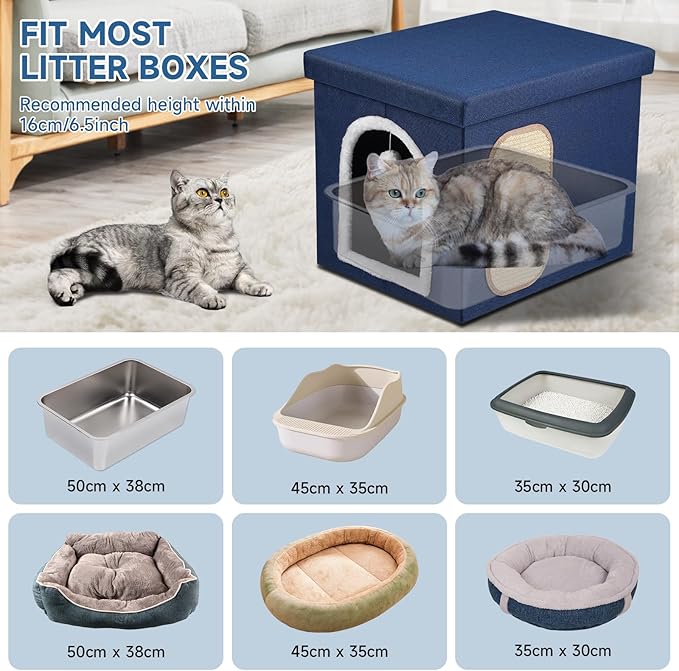 Cat Litter Box Enclosure, Foldable Hidden Litter Box with Mesh Storage Bag, Litter Box Furniture Hidden with Waterproof Inside, Easy Clean, Odor Control, Easy Assembly, 21.6”L x 17.7”D x 17.7”H, Blue