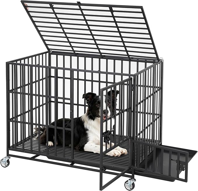 Garvee 42 Inch Heavy Duty Dog Crate, Metal Escape Proof Dog Kennel Indoor with 3 Doors, Removable Tray, Large Dog Cage with Wheels for Large and Medium Dogs, Black