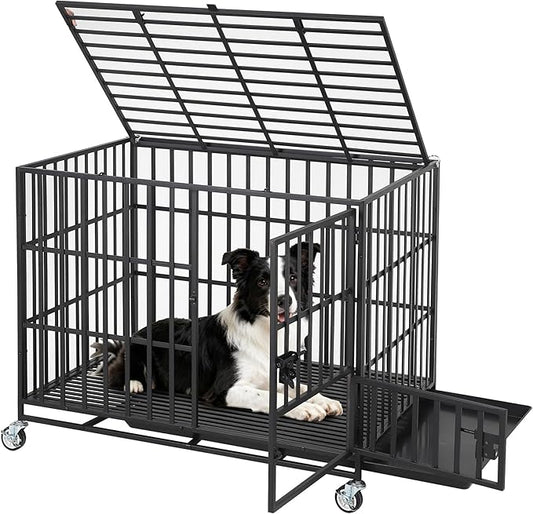 Garvee 42 Inch Heavy Duty Dog Crate, Metal Escape Proof Dog Kennel Indoor with 3 Doors, Removable Tray, Large Dog Cage with Wheels for Large and Medium Dogs, Black