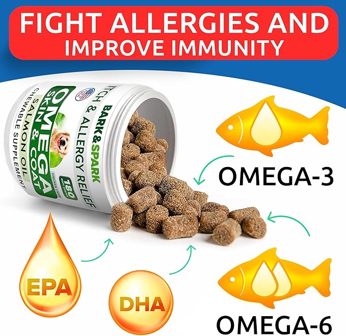 BARK&SPARK Omega 3 for Dogs - 180 Fish Oil Treats for Dog Shedding, Skin Allergy, Itch Relief, Hot Spots Treatment - Joint Health - Skin and Coat Supplement - EPA & DHA Fatty Acids - Canine Salmon Oil