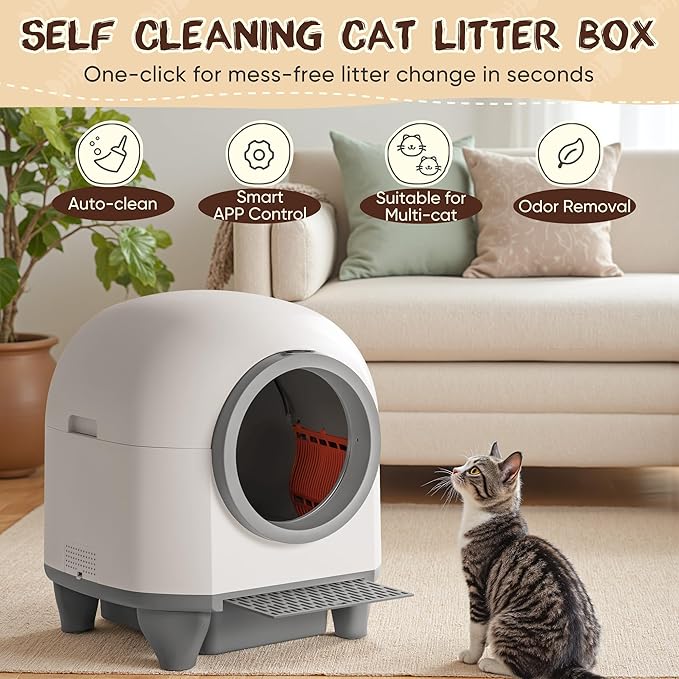 GUNJI Automatic Self-Cleaning Litter Box, 90L Large Capacity for Multiple Cats - APP Controlled with Safety Protection, Included Litter Mat & 1 Roll Garbage Bags (Gray)