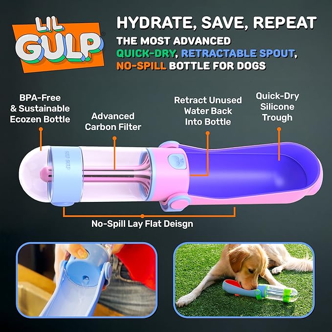 Lil Gulp Dog Water Bottle | Advanced Carbon Filtration for Safe Filtered Water on The Go | BPA-Free Leak-Proof Portable Dog Travel Water Bottle with Retractable Water Spout, 15 Fl oz - Power Punch