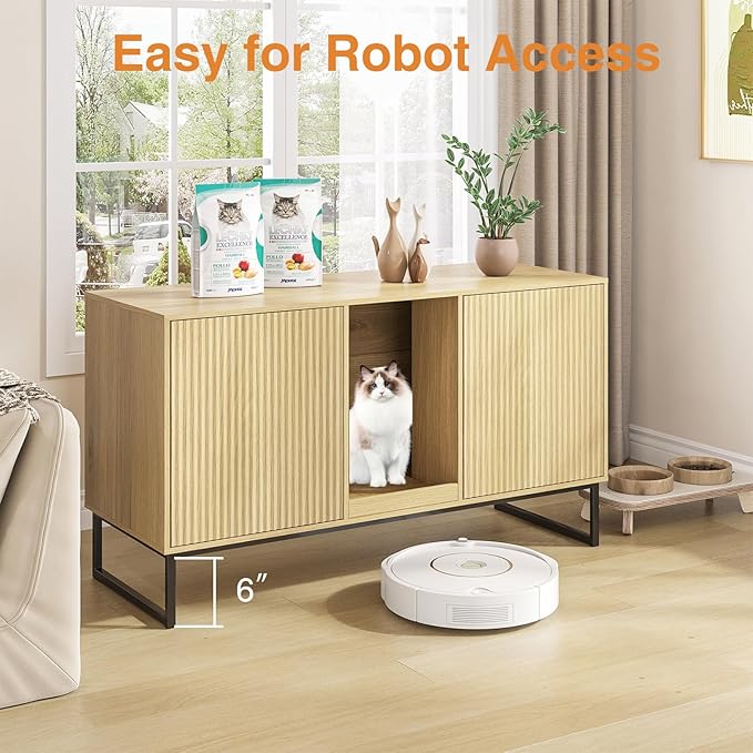 Kitty Litter Box Enclosure for 2 Cats, Small Hidden Cat Litter Box Furniture with Scratch Pad, Modern Fluted Double Litterbox Cabinet TV Stand for Kittens, Natural