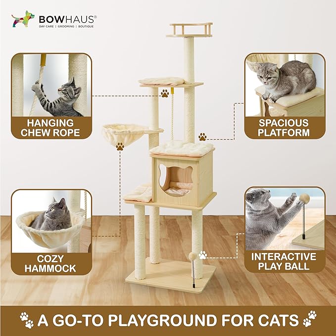 64” Wooden Cat Tree Tower for Indoor Large Cats & Kittens, Modern Tall Cat Climbing Tree w/Cave Condo, Scratching Posts, Hammock, Multi-Level Cat Tower w/Interactive Toy & Detachable Cushion