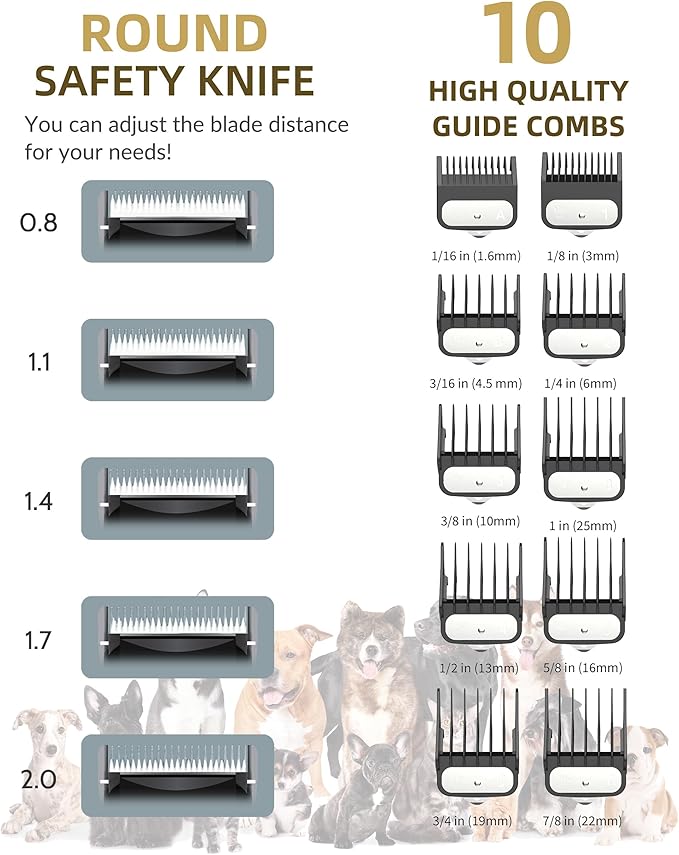 Dog Clippers for Grooming with 12V High Power Plug-in for Thick Heavy Coats Quiet, Pet Electric Professional Hair Grooming Clippers kit with 10 Metal Guard Combs Brush for Dogs Cats Pets (Gold)