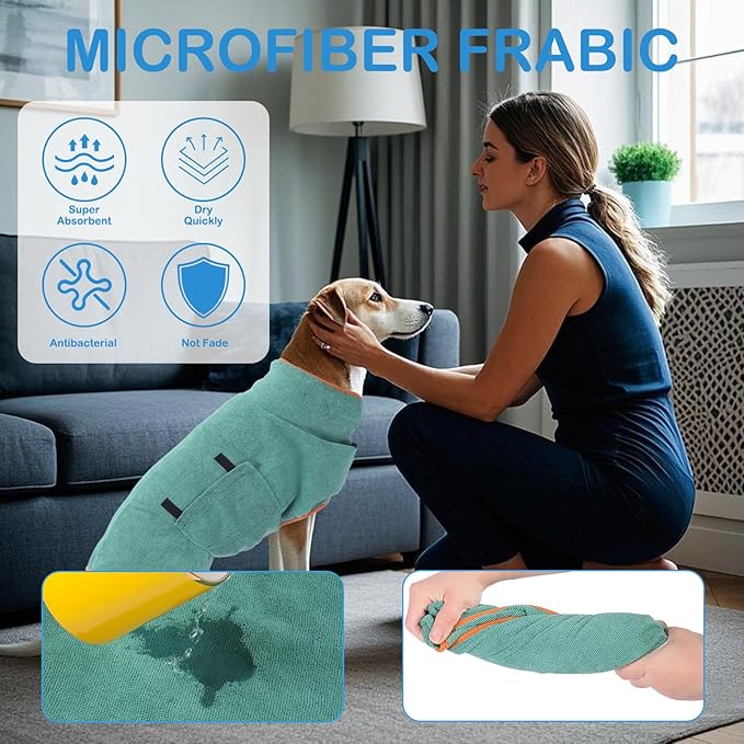 VINGVO Dog Bath Towels Wrap for Drying Dogs, Super Absorbent Pet Bath Robe, Adjustable Collar & Microfiber Pet Dog Bath Robe, Fast Drying for Dogs at Home and Outdoors (Green, XL)