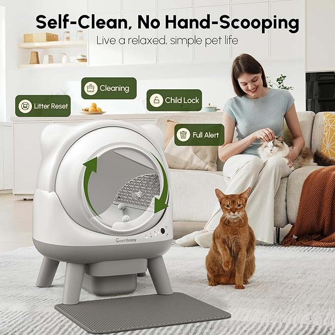 Automatic Litter Box, Self Cleaning Litter Box, Cat Robot for Multiple Cats, with Smart APP Control and Health Monitoring, Safety Sensors, with Trash Bags, White & Grey