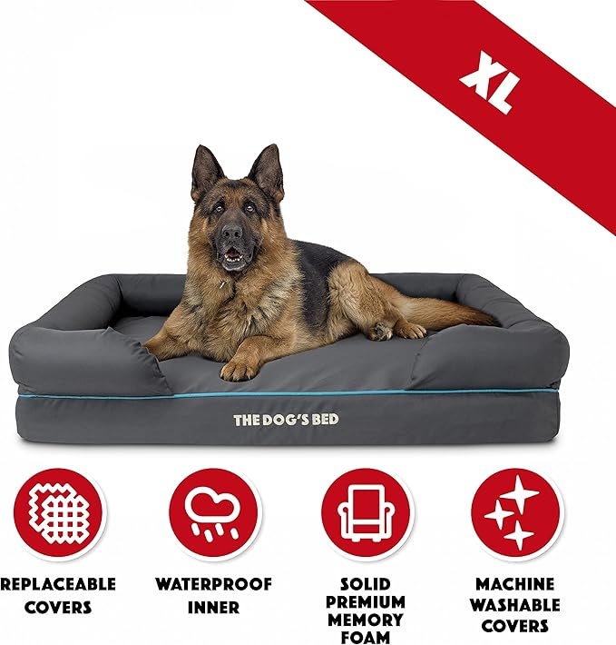 The Dog’s Bed, XL Grey/Blue, Memory Foam, Pain Relief: Arthritis, Hip & Elbow Dysplasia, Post Surgery, Lameness, Supportive, Calming, Waterproof Washable Cover, Veterinary Approved