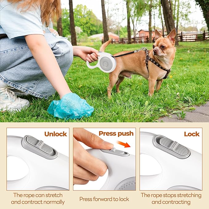 16Ft Retractable Dog Leash, Chew Proof Leash with Wire Pope and Strong Nylon Tape, 360 Tangle-Free Walking Lead for Small to Large Dogs up to 110lbs, One-Hand Brake, White