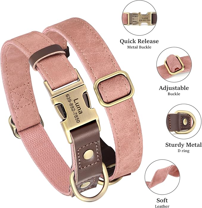 Personalized Dog Collars, Custom Soft PU Leather Dog Collar with Pet Name and Phone Number for Small Dogs, Adjustable and Durable Pet Collars with Quick Release Metal Buckle,S(10-15")