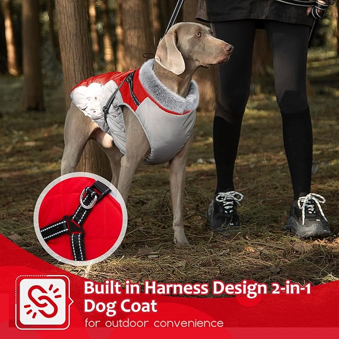 Dog Winter Coat with Harness, Dog Jacket, Pet Clothes with Zipper on Back, Waterproof Windproof Warm Vest, Reflective Cold Weather Coats, for Small Medium Large Dogs, Thick, Red, L