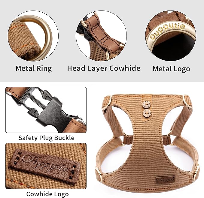 Dog Harness, No Pull Dogs Harness and Multi-Function Leash Set for Medium Dogs Easy Walk Everyday Adjustable Soft Dog Vest Harness Fashionable Dog Accessories Denim Khaki-Button-Relaxed Medium