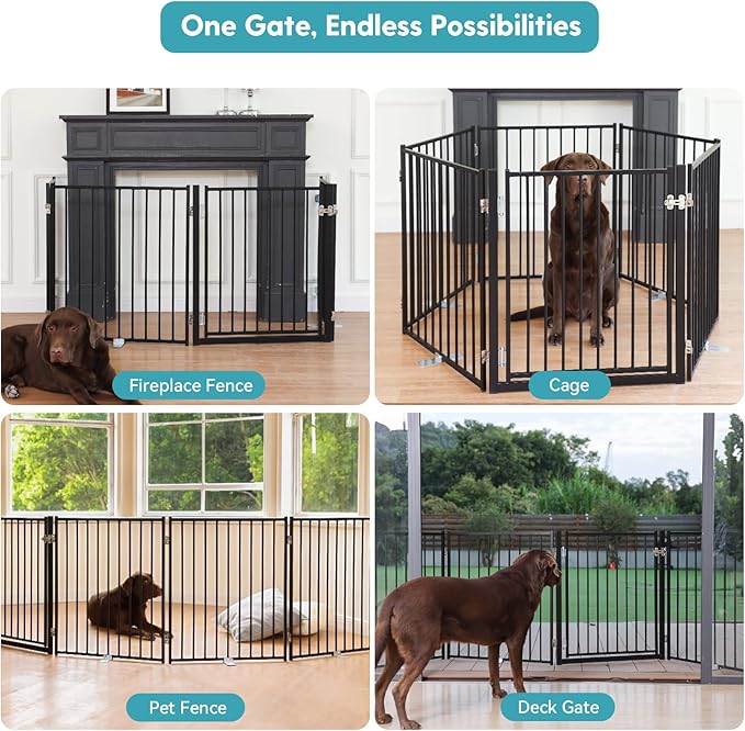 No Pawblems Free Standing Dog Gate with Door, 30'' Tall Foldable Dog Fence for Indoor & Outdoor, Up to 208 Inch Extra Wide Puppy Gate for Stairs, Hallways, Doorways, Deck, Yard (Black, 8 Panels)