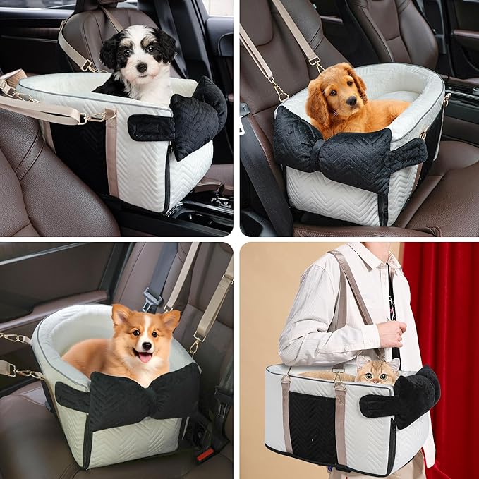 Dog Car Seat for Small Dogs Adjustable Portable Center Console Dog Car Seat Removable Cat Booster Cars Seats - Safety Belt with Cushion Anti-Collapse for Puppy Kitten Up to 15 Lb