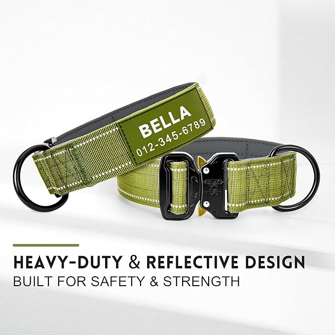 Personalized Tactical Dog Collar with Soft Padding & Reflective Strips for Large Dogs, Heavy Duty Nylon with Metal Buckle, Custom Name, Durable, Available in Pink, Blue, Black, Green