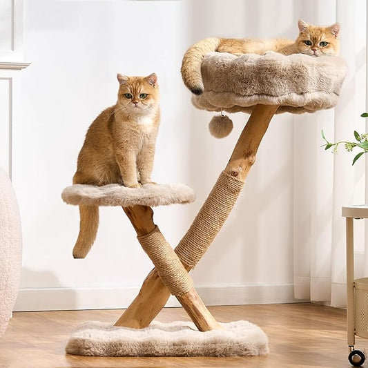 Cat Tree Modern Sturdy Solid Wood Cat Tower for Large Cat with Scratching Post for Indoor, Multifunctional Cat Tower with Cozy Bed and Platforms