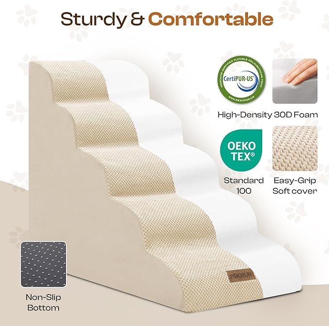 Dog Stairs for High Beds, Extra Tall 24.5" 5-Step Pet Steps for Medium & Small Dogs, Foam Ramp for Tall Couch & Bed, Washable Cover - Dog Steps for Bed