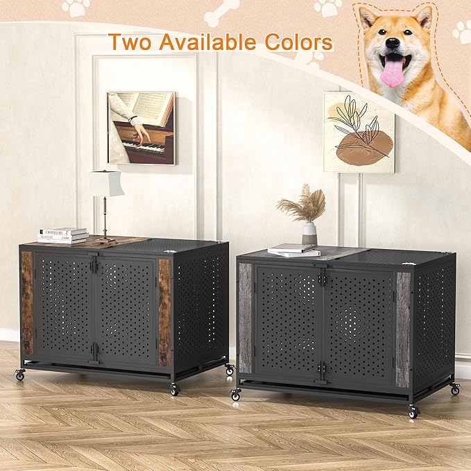 42" Heavy Duty Dog Crate Furniture for Large and Medium Dogs, Enclosed Design with 0.5 inch Holes, Indestructible Metal Kennel for High Anxiety Dogs, Chew Proof Pet House Cage Indoor, Brown