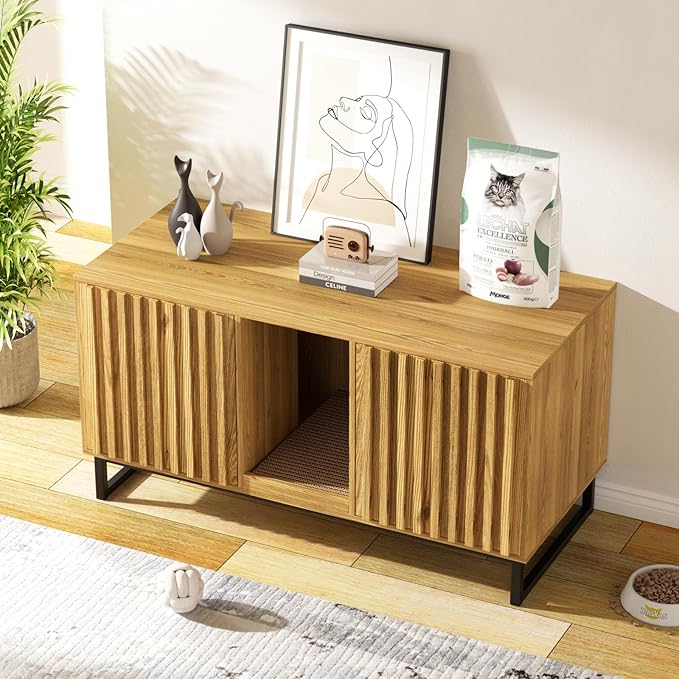 Double Litter Box Enclosure,Modern Cat Litter Box Enclosure for 2 Cats, Hidden Litter Box with Cat Scratch Pad, Cat Washroom Cat House End Table, Entryway Bench for Livingroom (Natural)