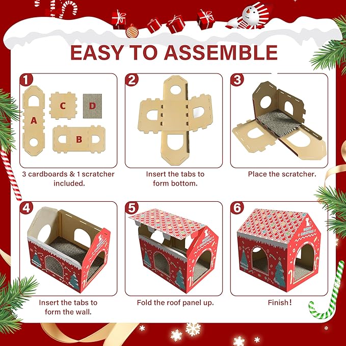 WESTERN HOME Cardboard Cat House W/Scratcher, Christmas Cat Houses for Indoor Cats (16.5''x12''x15''), Bunny&Kitten Hideaway Cats Scratching Playhouse for Christmas Decorations